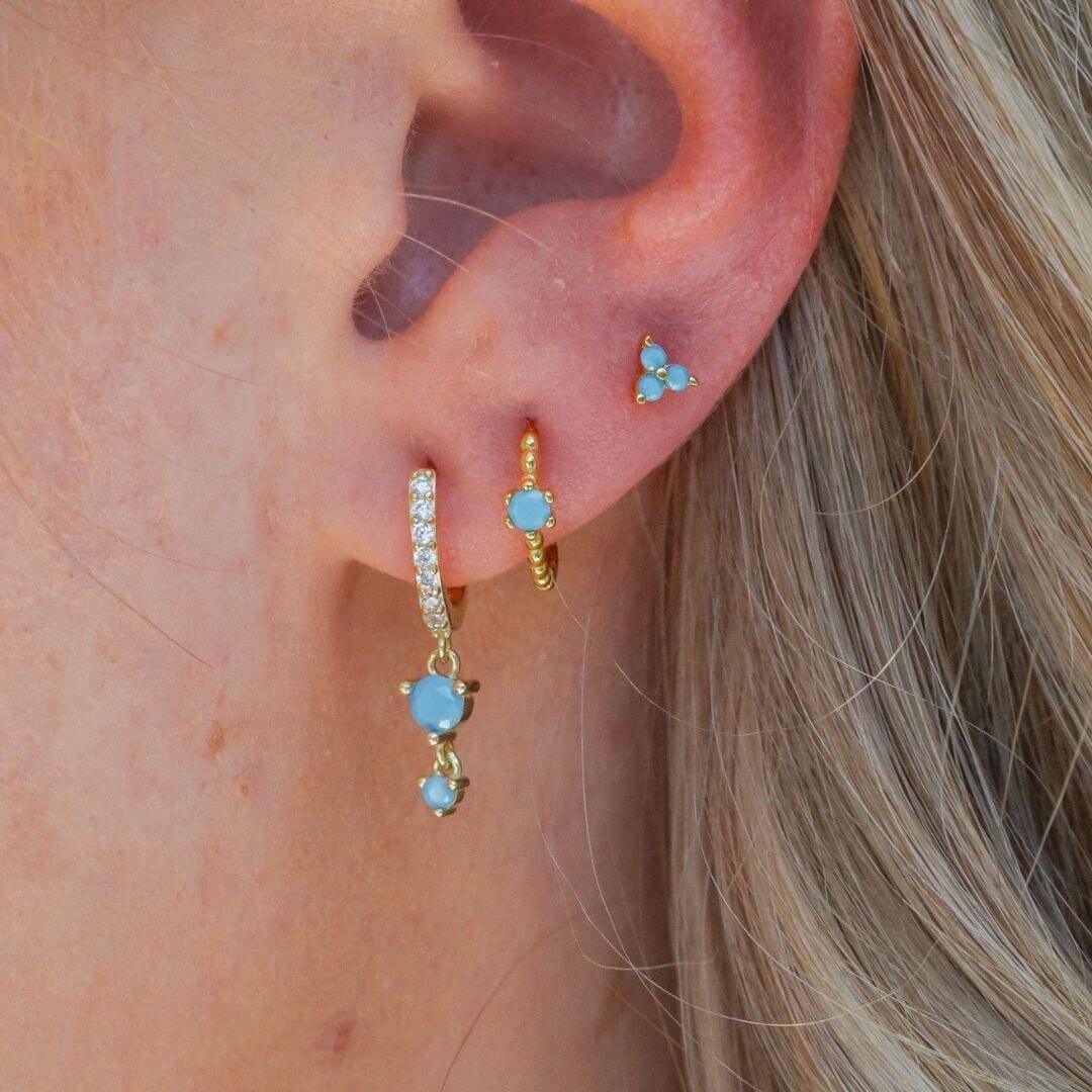 Serina Double Turquoise CZ Gold Drop Earrings-Sterling Silver Earrings-LYANG & CO.