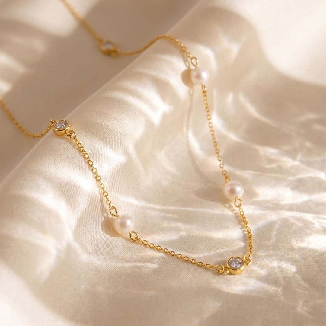 Amelie Pearl Station Necklace Gold
