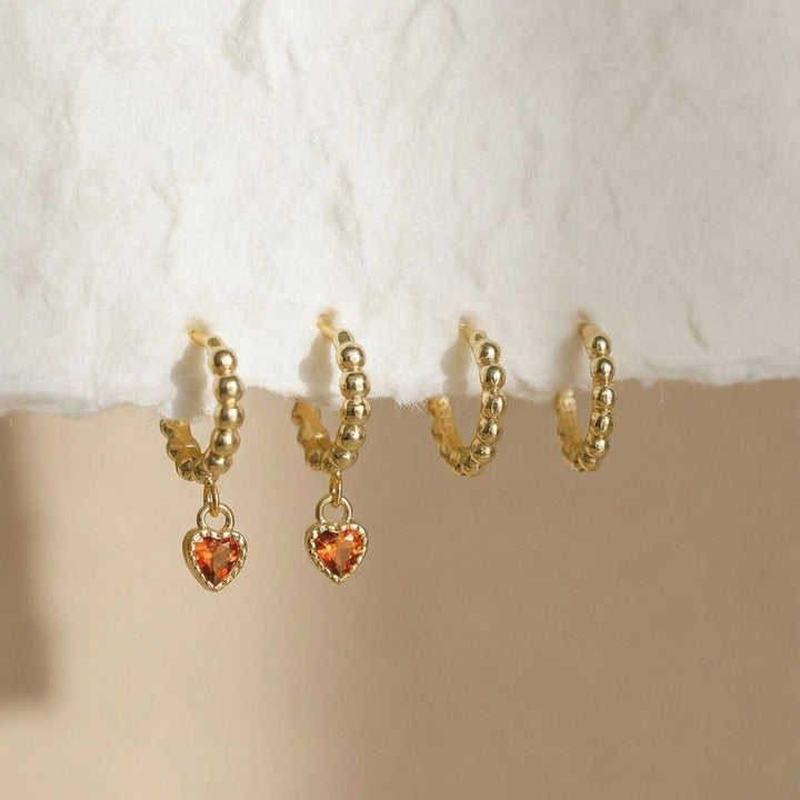 Beaded Heart Huggie Set Gold