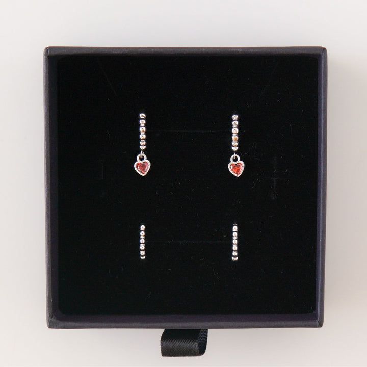 Beaded Heart Huggie Set Silver