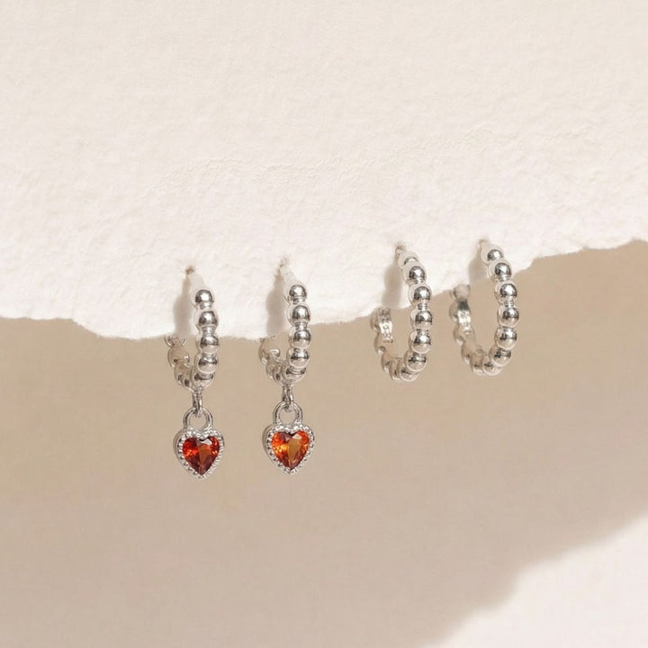 Beaded Heart Huggie Set Silver