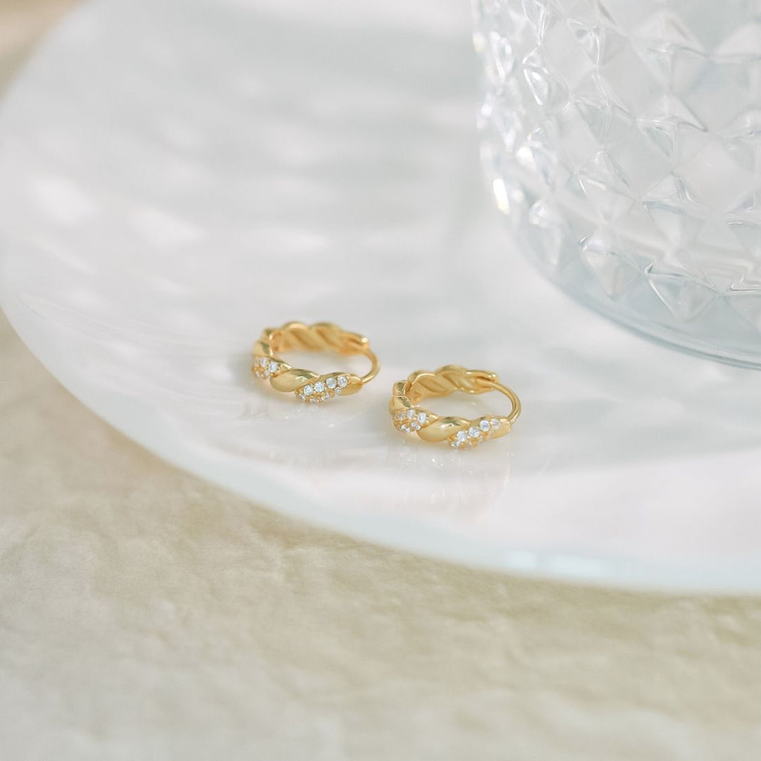 Carla Gold Twist Huggie Hoop Earrings 8.5MM-Sterling Silver Earrings-LYANG & CO.