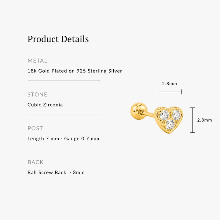 Cindy Pettie Heart CZ Screw Back  Stud - Single