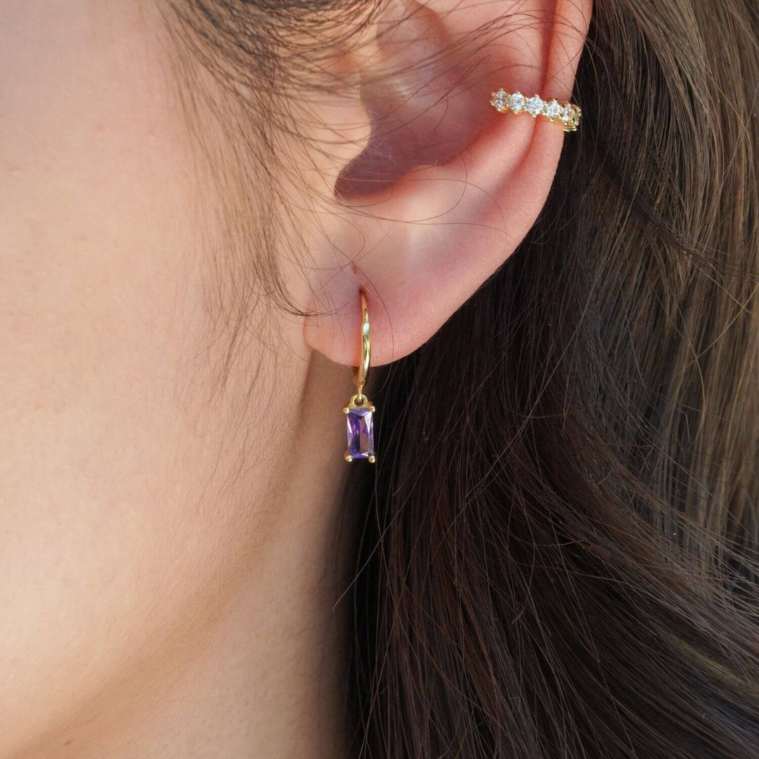 Dovie Purple Baguette Gold Drop Earrings-Sterling Silver Earrings-LYANG & CO.