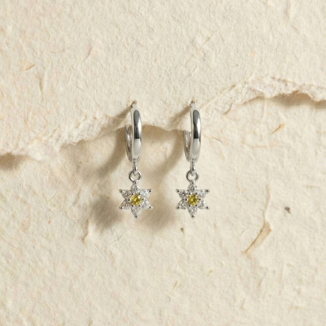 Elara Flower Drop Silver Hoop Earrings