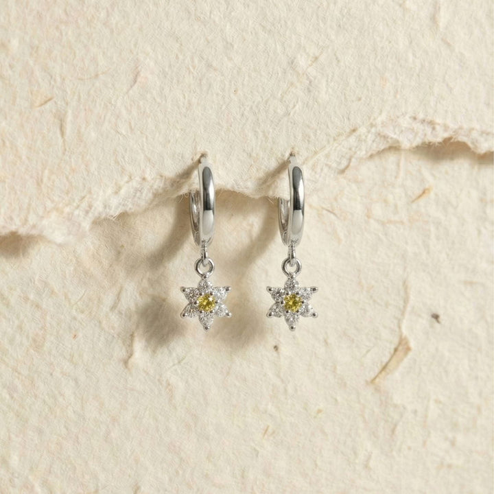 Elara Flower Drop Silver Hoop Earrings