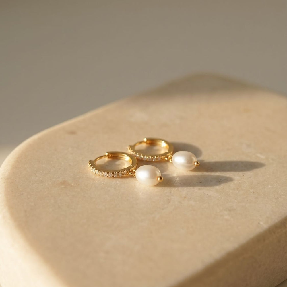 Elowen Gold Pearl Drop Huggie Earrings