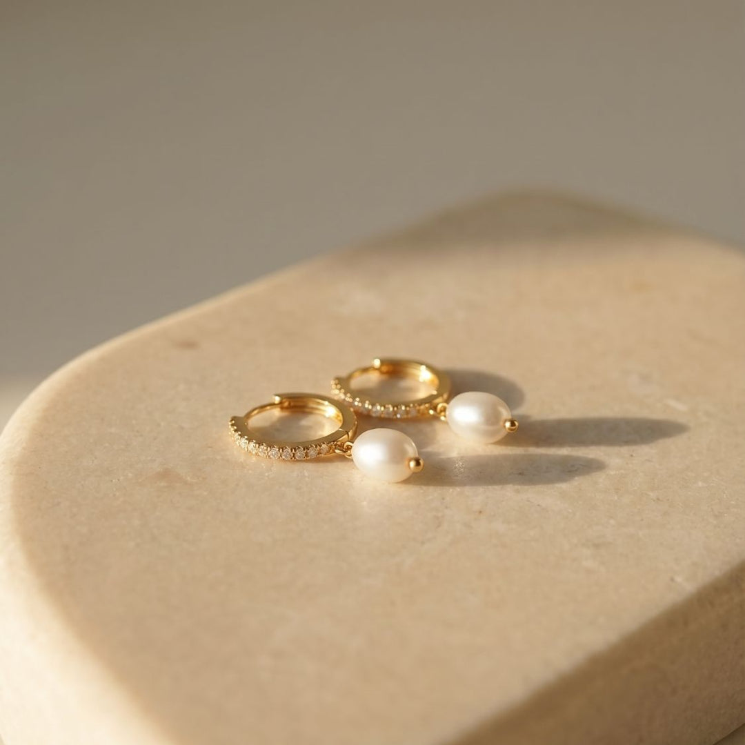 Elowen Gold Pearl Drop Huggie Earrings