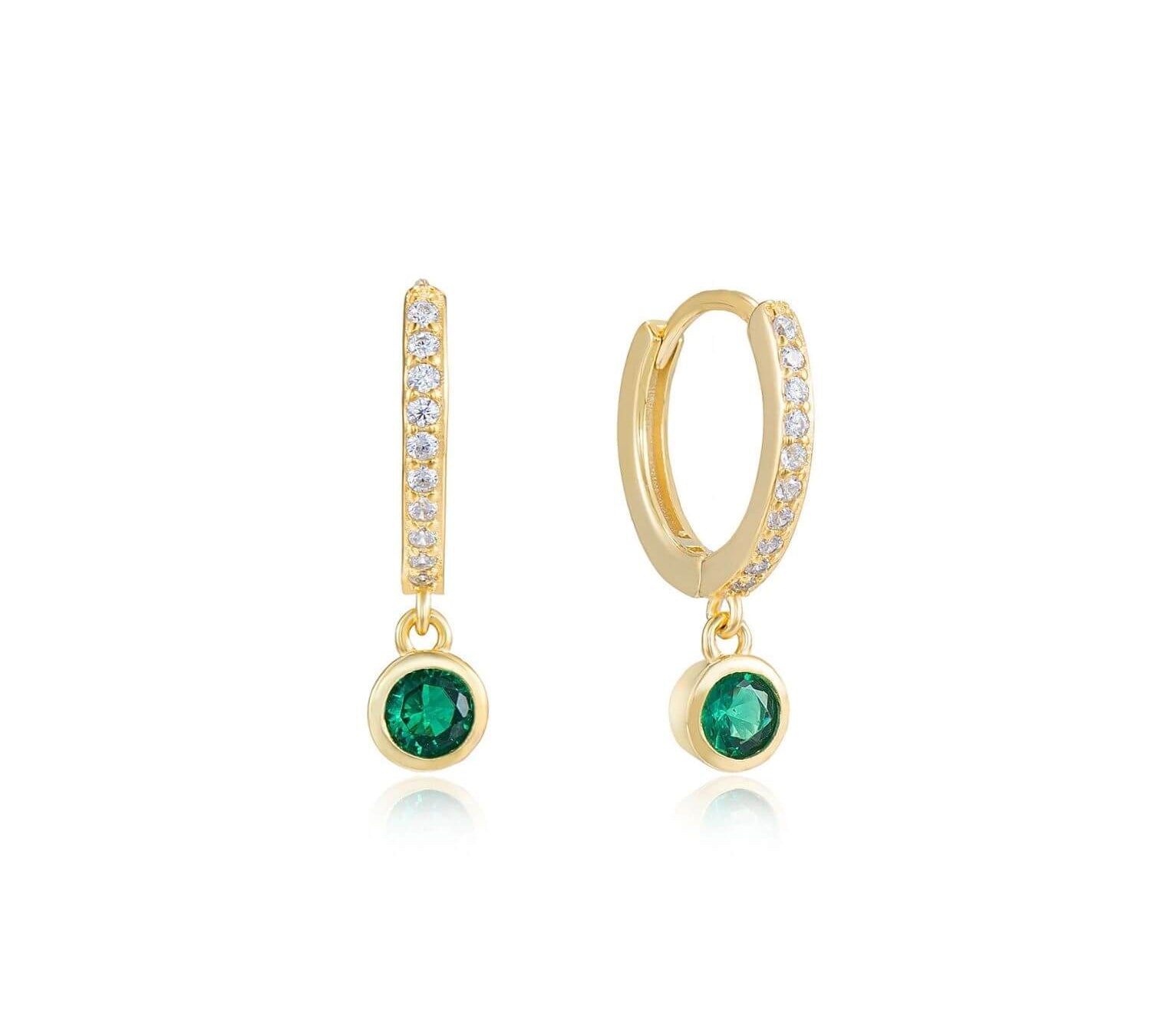 Emerald Bezel Drop Hoop Earrings Gold