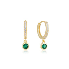 Emerald Bezel Drop Hoop Earrings Gold