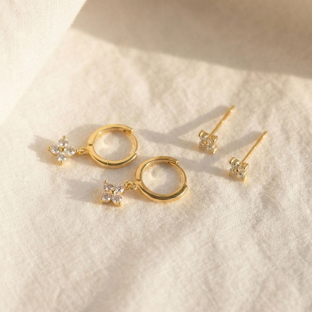 Flora Earring Set Gold - Freya Flower Drop Huggies & Flower Studs