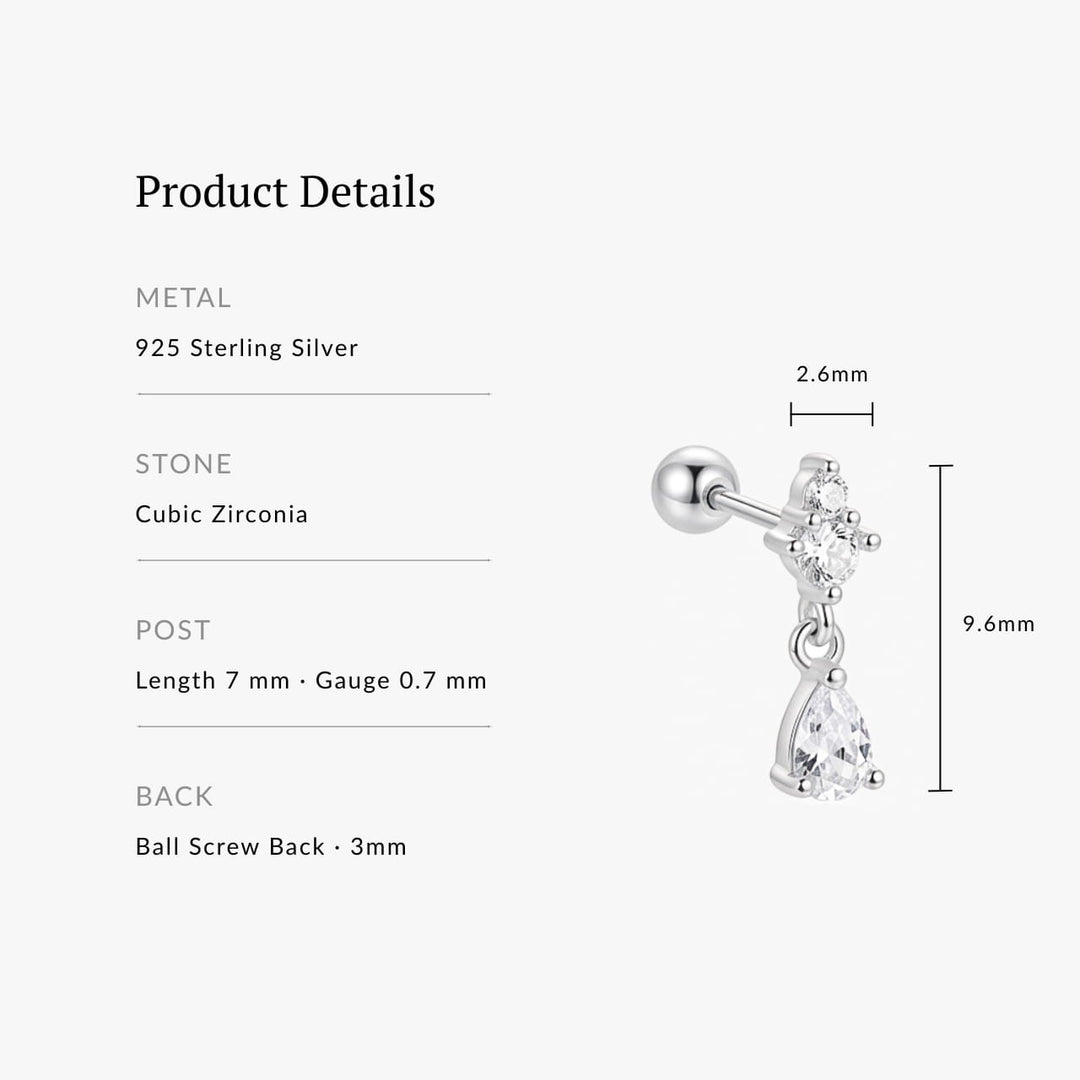 Grace Silver Teardrop Screw Back Stud - Single
