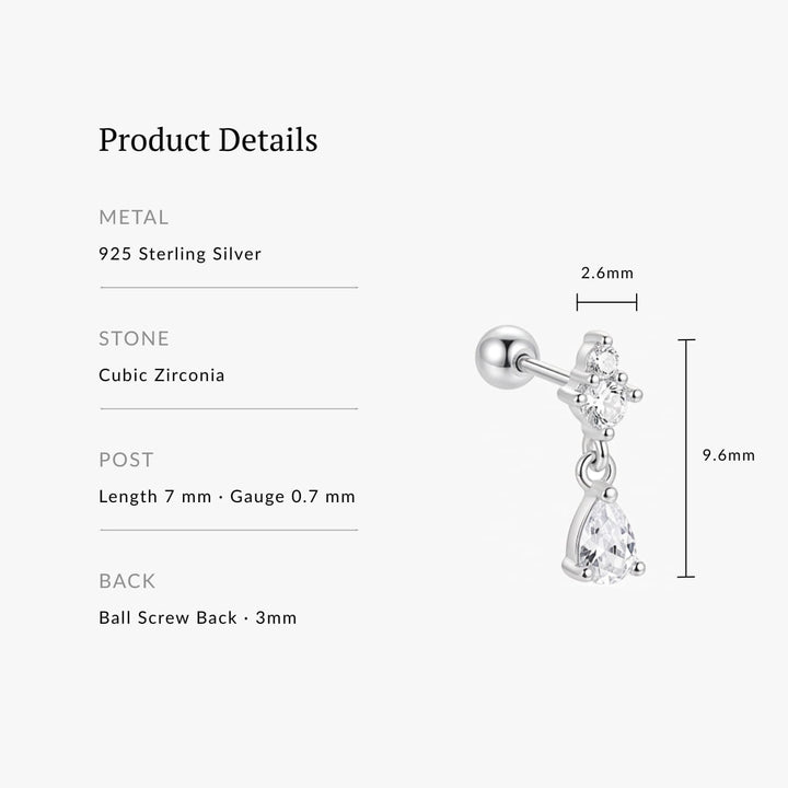 Grace Silver Teardrop Screw Back Stud - Single