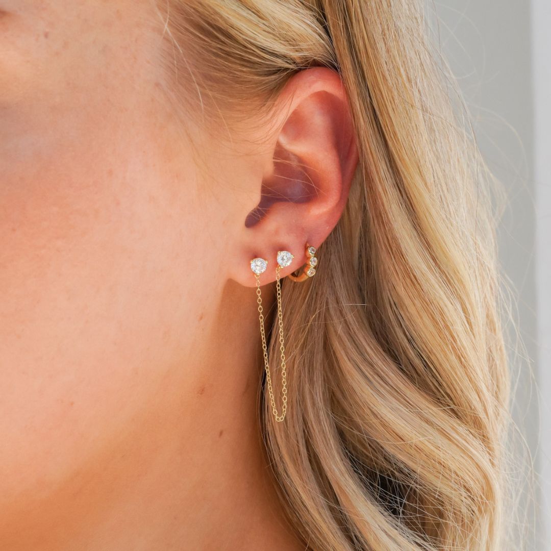 Isla Sparkly 14K Gold Double-Stud Chain Earrings-Sterling Silver Earrings-LYANG & CO.