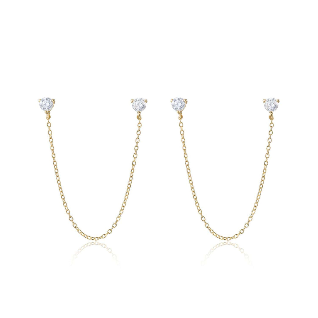 Isla Sparkly 14K Gold Double-Stud Chain Earrings-Sterling Silver Earrings-LYANG & CO.