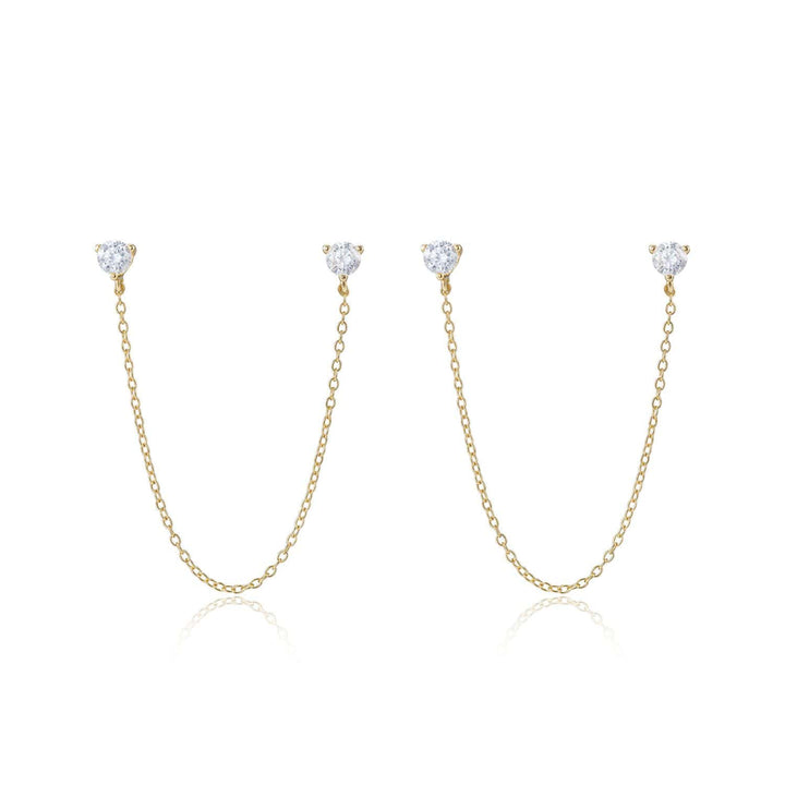 Isla Sparkly 14K Gold Double-Stud Chain Earrings-Sterling Silver Earrings-LYANG & CO.