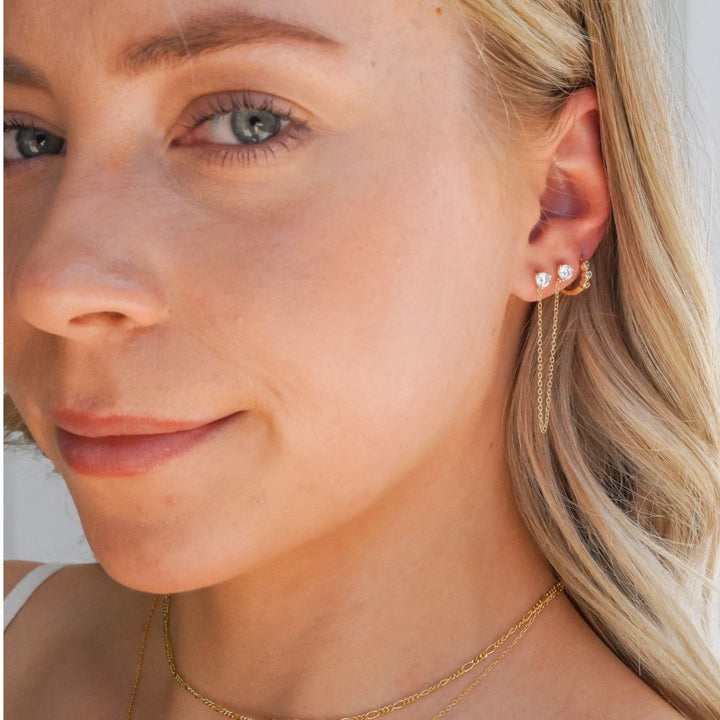 Isla Sparkly 14K Gold Double-Stud Chain Earrings-Sterling Silver Earrings-LYANG & CO.