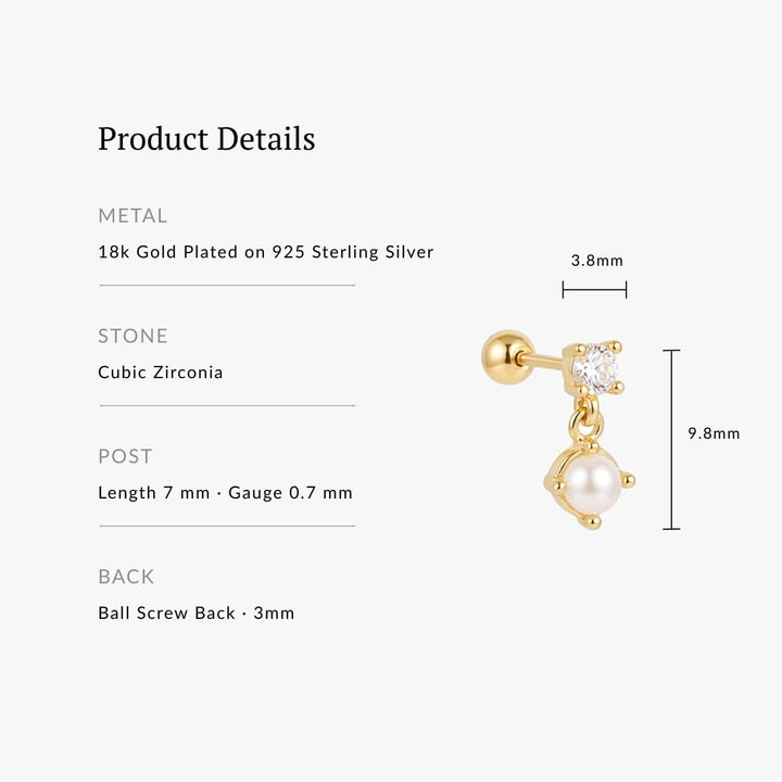 Ivy Gold Dainty Pearl Drop Screw Back Stud - Single