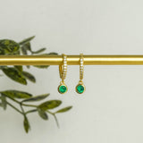Jade Emerald Bezel Drop Hoop Earrings Gold