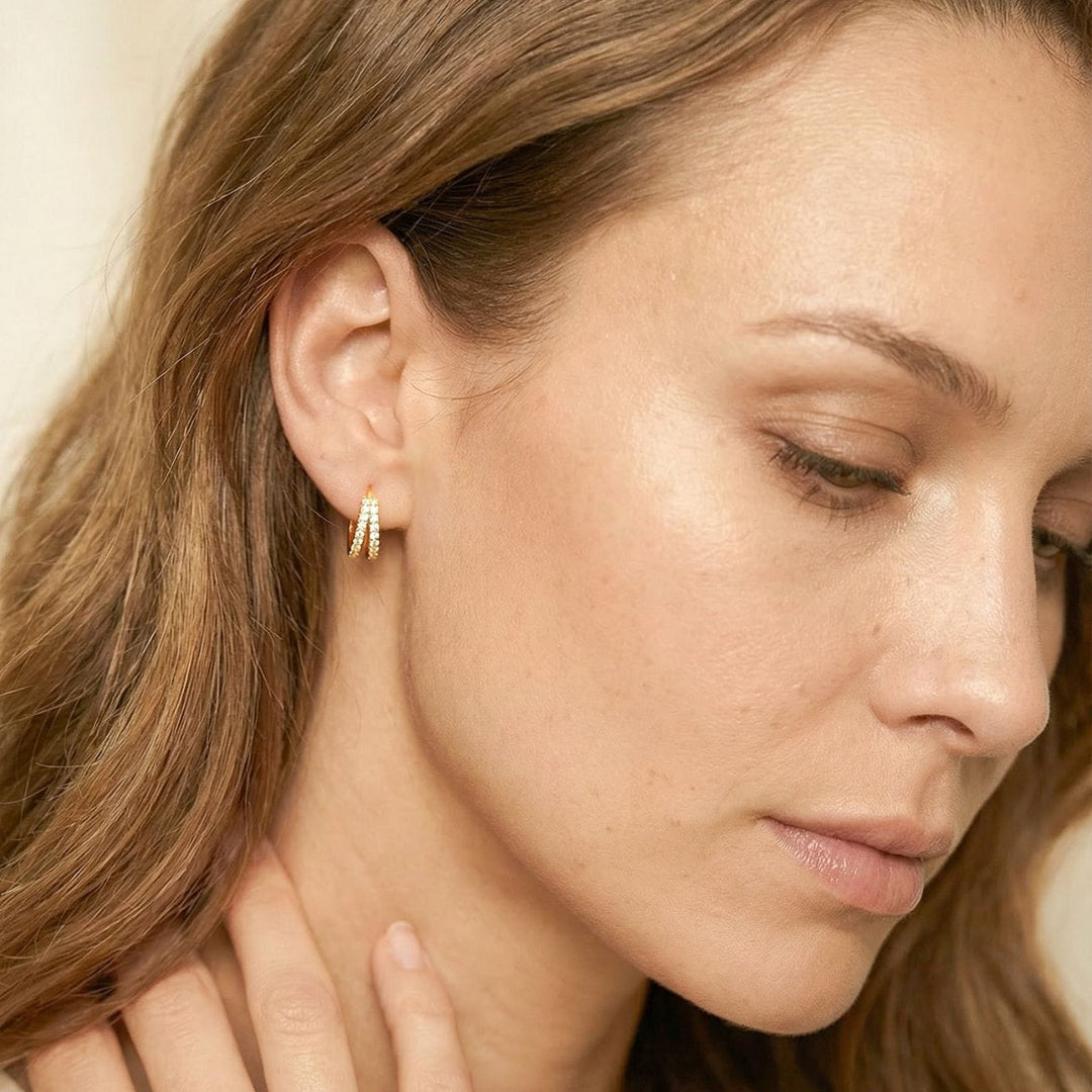 Kaylee Gold Double Pave Huggie Earrings on model