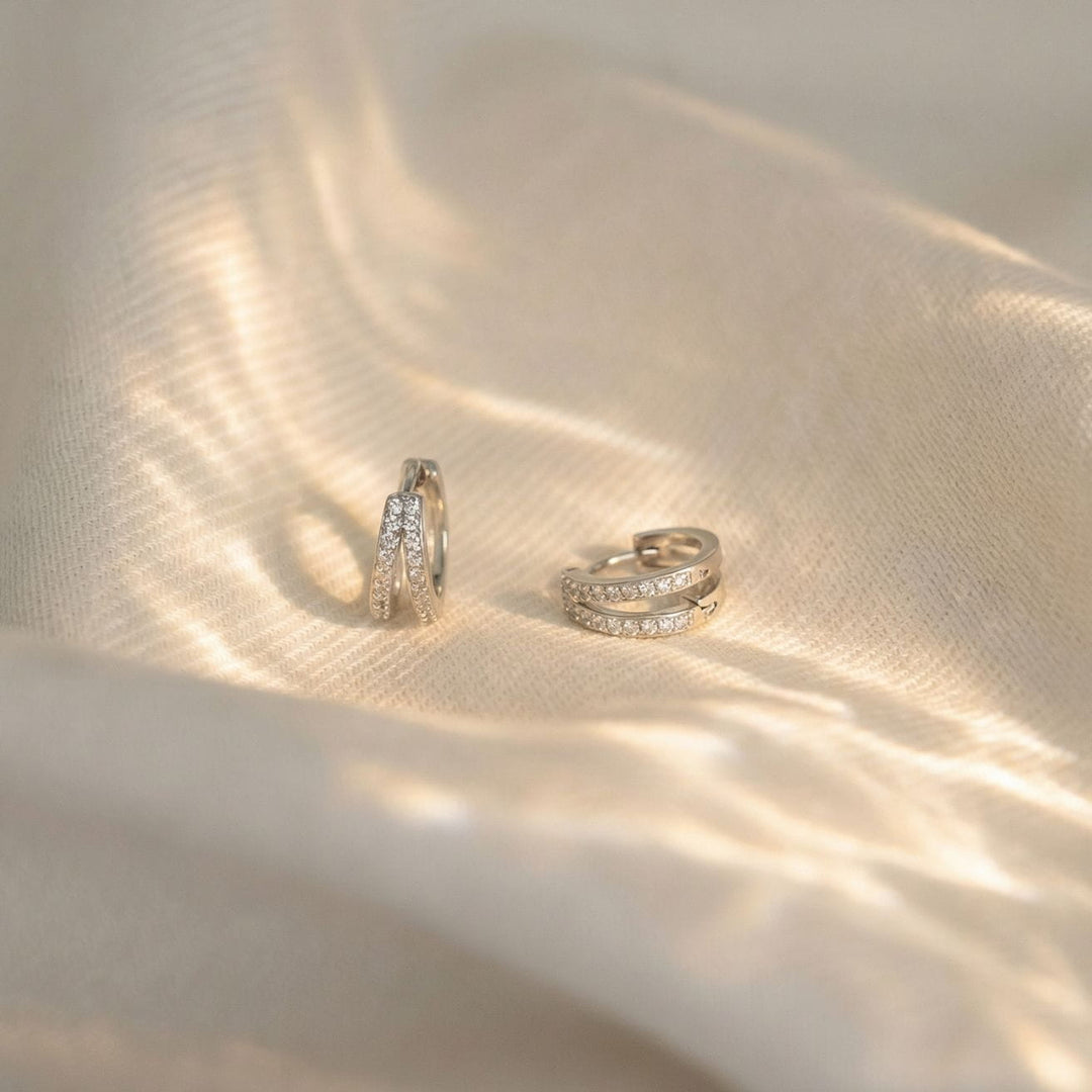 Kaylee Silver Double Pave Huggie Earrings Flatlay