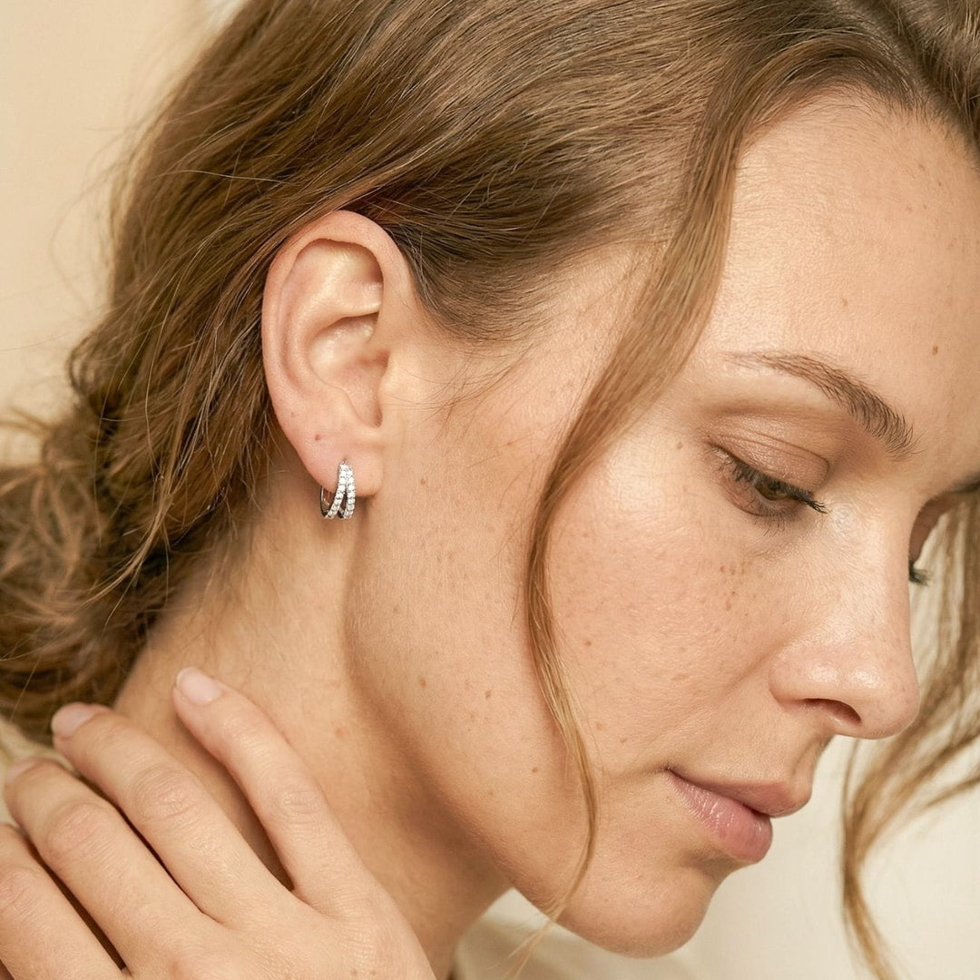 Kaylee Silver Double Pave Huggie Earrings on model
