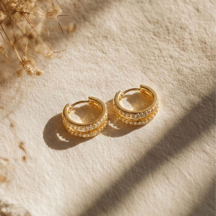 Kaylee Gold Double Pave Huggie Earrings Flat Lay