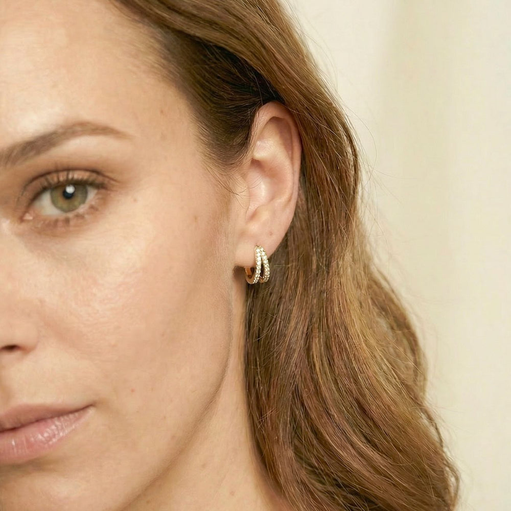 Kaylee Gold Double Pave Huggie Earrings on Model