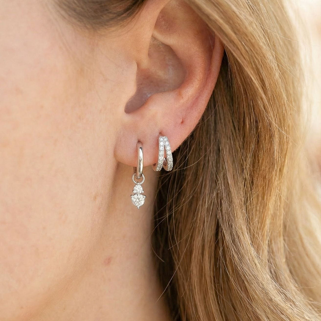 Kaylee Silver Double Pave Huggie Earrings in Stack with Skylar Drop Earrings