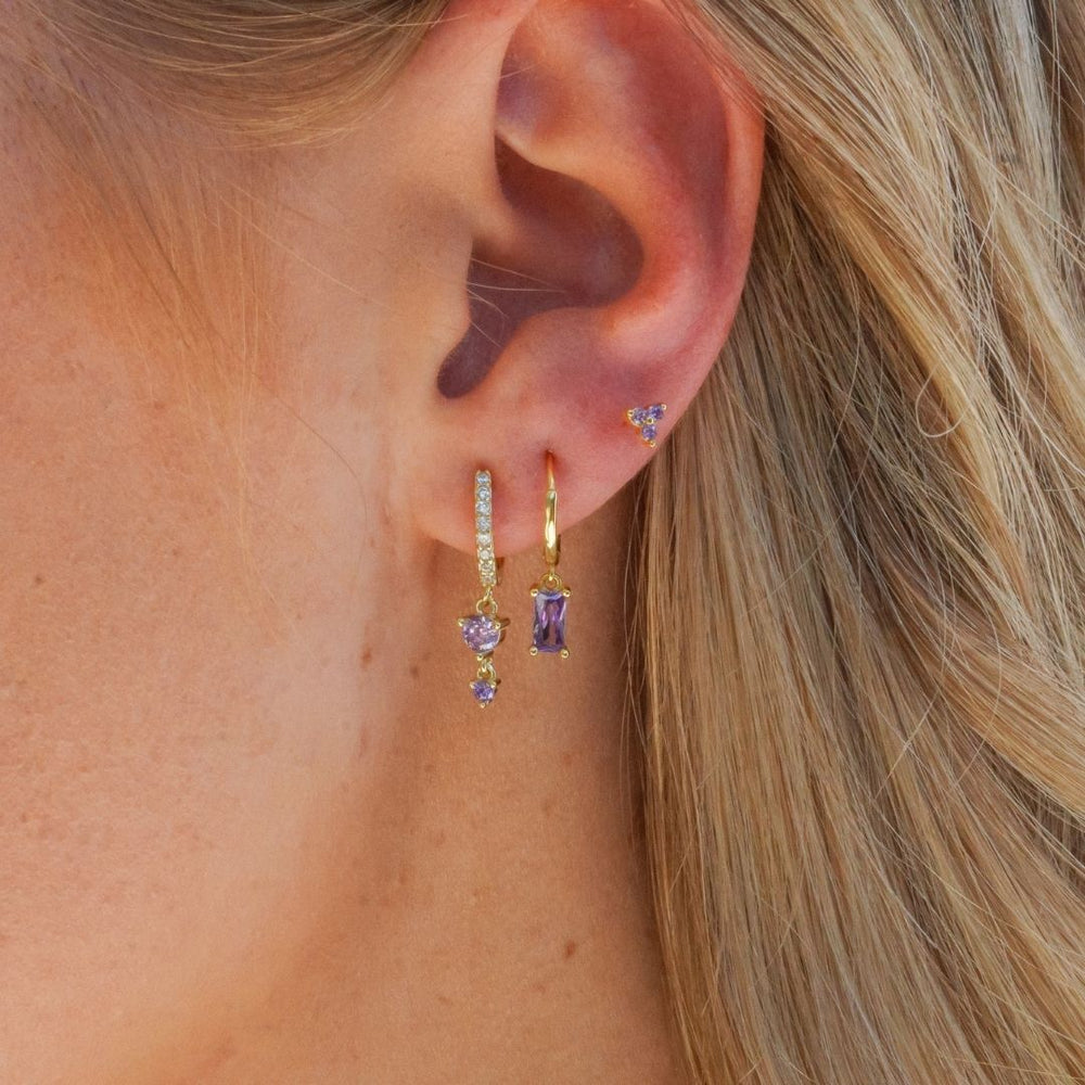 18k gold Purple Earring Stack on model