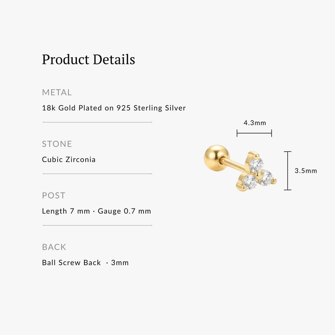Lumi Gold Trio CZ Screw Back Stud - Single