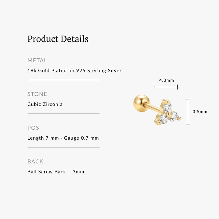 Lumi Gold Trio CZ Screw Back Stud - Single
