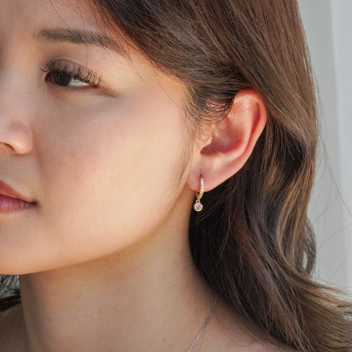 Camellia Pink Bezel Gold Drop Earrings-Sterling Silver Earrings-LYANG & CO.