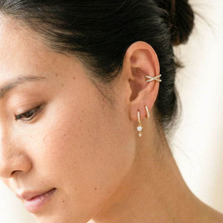 Selene Gold Huggie Drop Earrings with Lyra Criss-Cross Gold Ear Cuffs