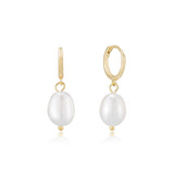 Freshwater Pearl Drop Huggie Earrings Gold