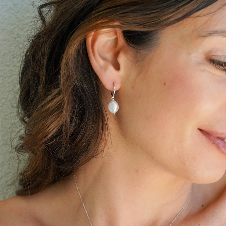 Freshwater Pearl Drop Huggie Earrings Sterling Silver