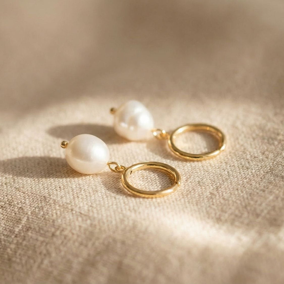 Mia Gold Baroque Pearl Drop Earrings Flatlay