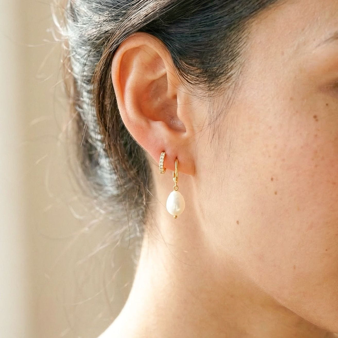 Mia Gold Baroque Pearl Drop Earrings with Olivia huggie