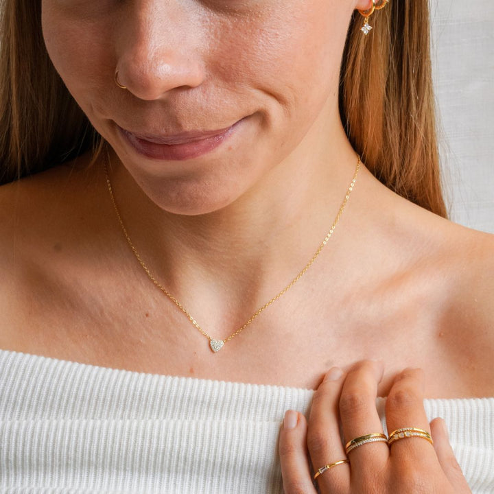 Mira Gold Pavé Heart Pendant Necklace on Model