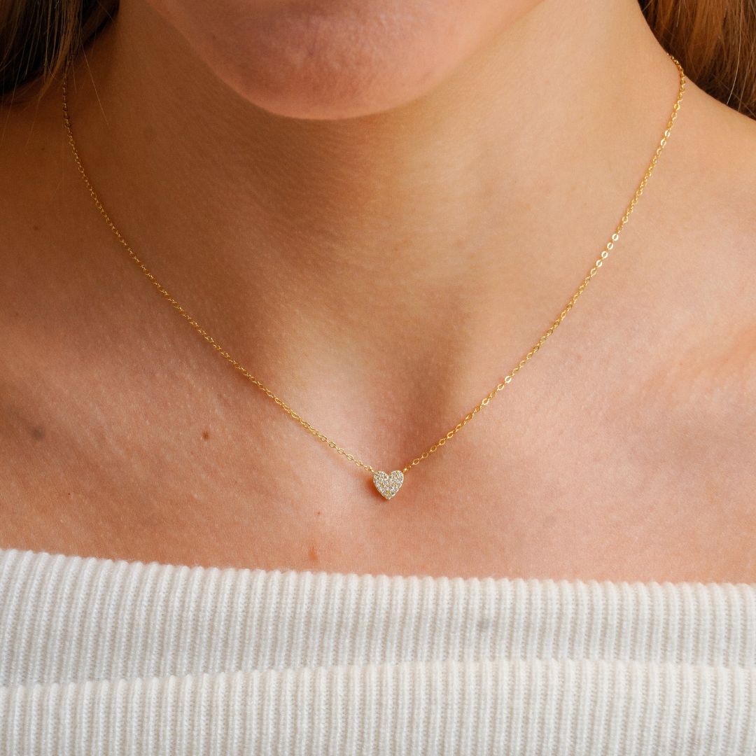 Mira Gold Pavé Heart Pendant Necklace on Model