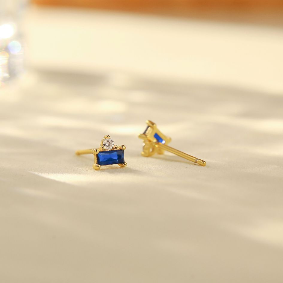 Navy Blue CZ Gold Stud Earrings-Sterling Silver Earrings-LYANG & CO.