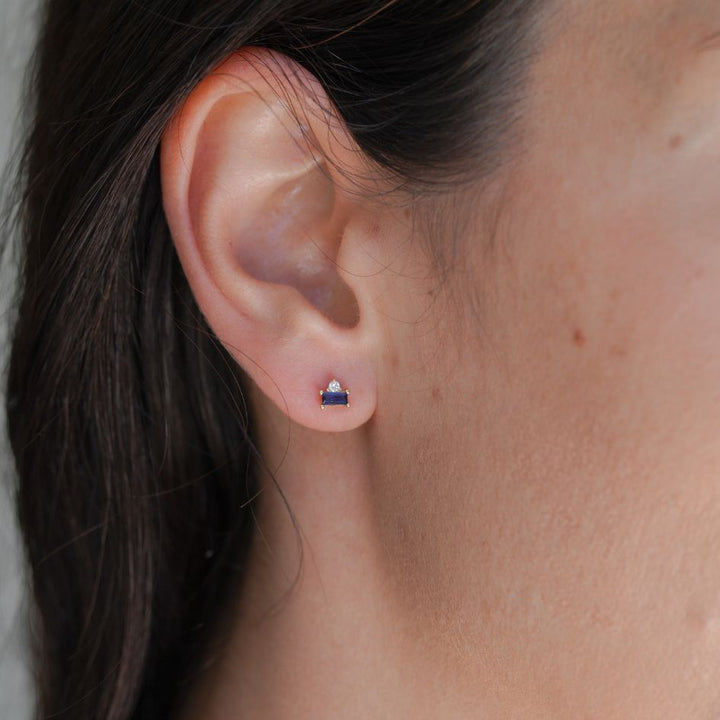 Navy Blue CZ Gold Stud Earrings-Sterling Silver Earrings-LYANG & CO.