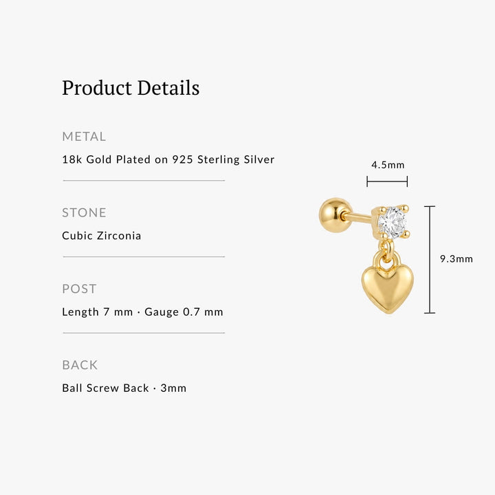 Nova Gold Heart Drop Screw Back Stud - Single