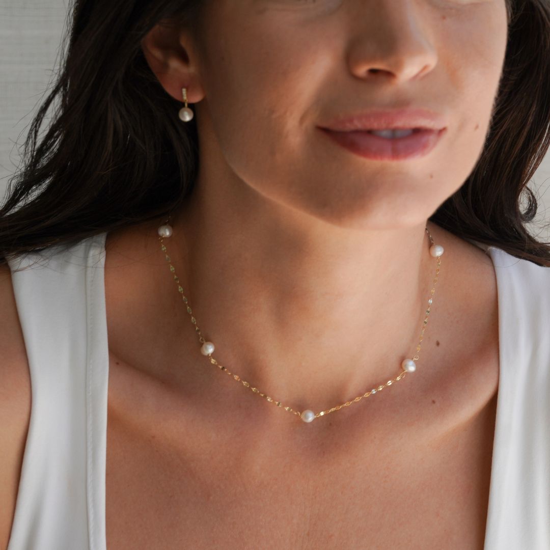 Patricia Silver Pearl Station Necklace-Sterling Silver Necklaces-LYANG & CO.