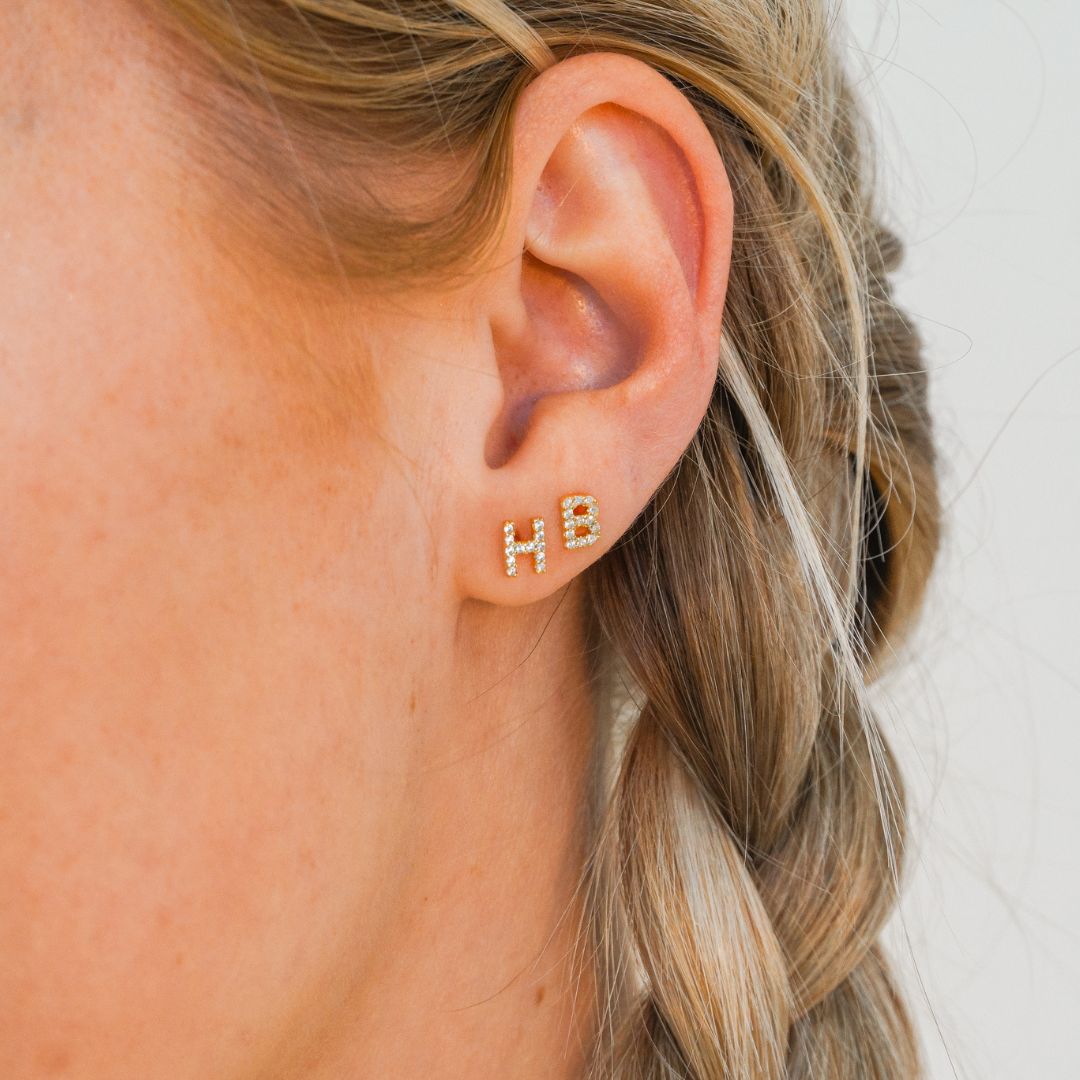 Pave Initial Gold Stud Earrings (Letter A-Z)-Sterling Silver Earrings-LYANG & CO.