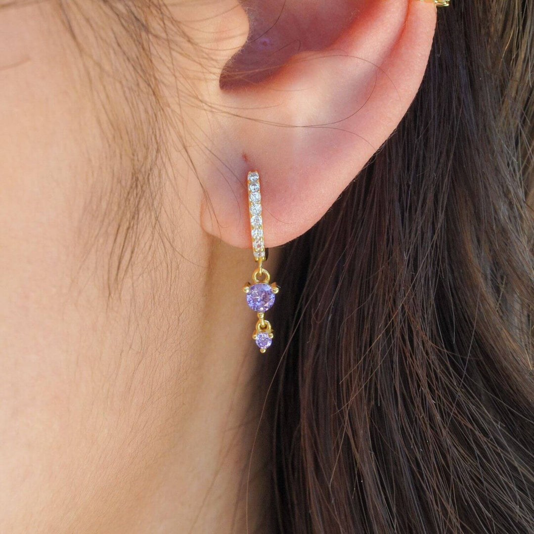 Purdie Double Purple CZ Gold Drop Earrings-Sterling Silver Earrings-LYANG & CO.