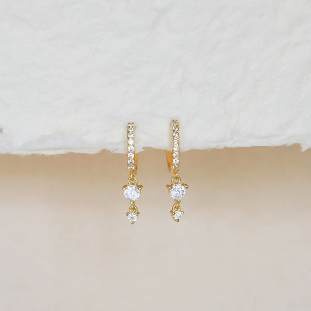 Selene Double CZ Gold Drop Earrings-Sterling Silver Earrings-LYANG & CO.
