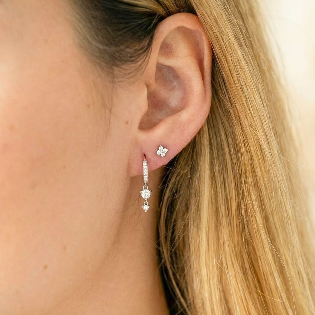 Selene Silver Huggie Drop Earrings with Flora Silver Stud