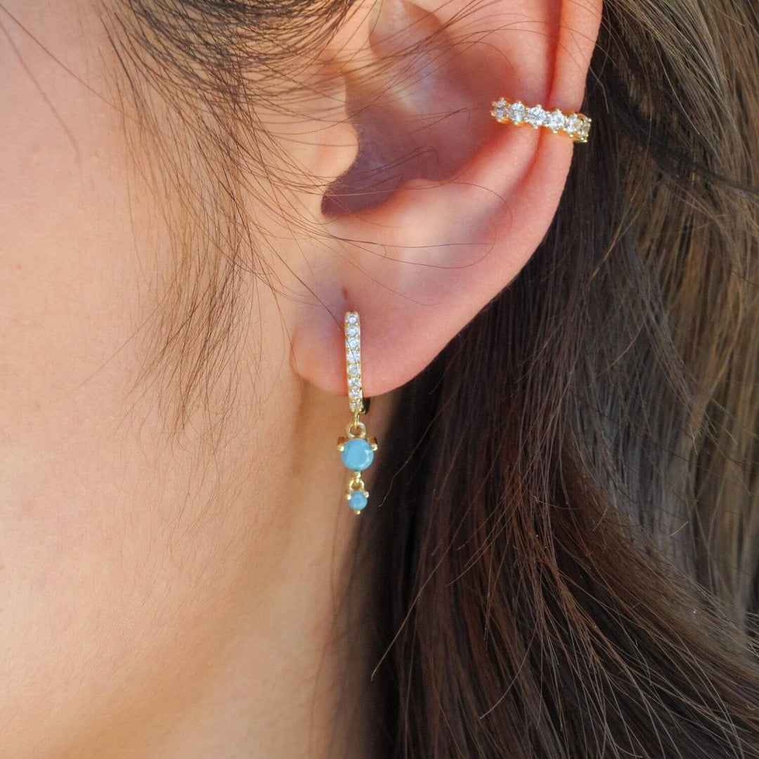 Serina Double Turquoise CZ Gold Drop Earrings-Sterling Silver Earrings-LYANG & CO.