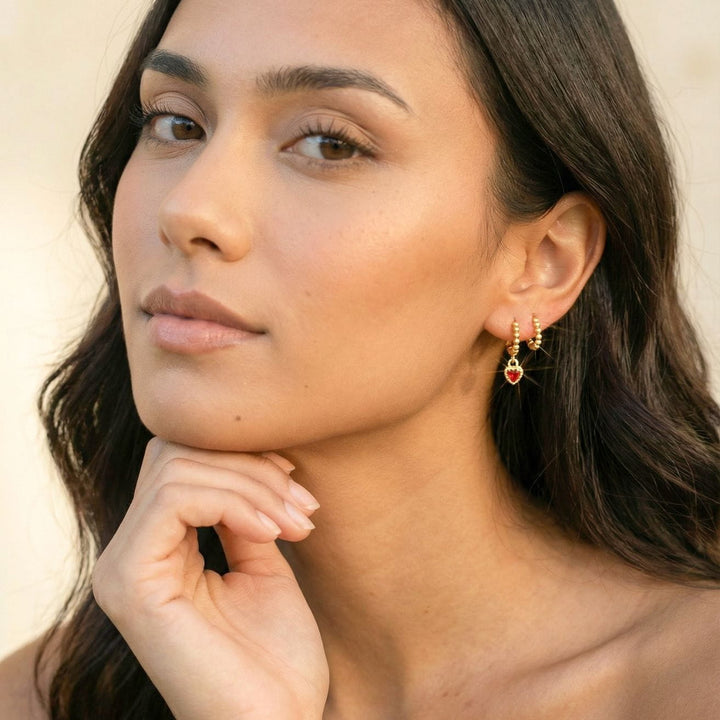 Sofia Ruby Heart Drop Earrings Gold